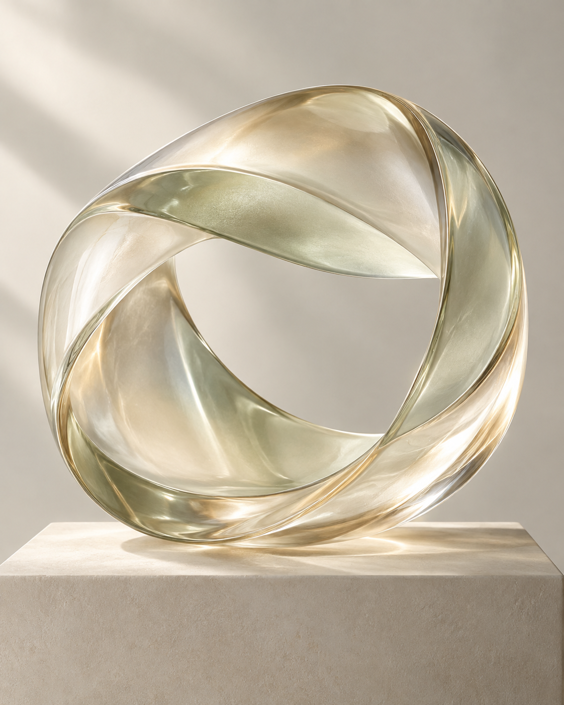 Abstract glass sculpture in warm ivory light